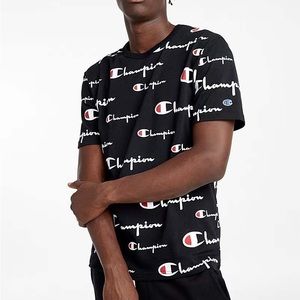 Champion Allover script logo Tee Men’s tshirt size L 100% Cotton Brand New w tag